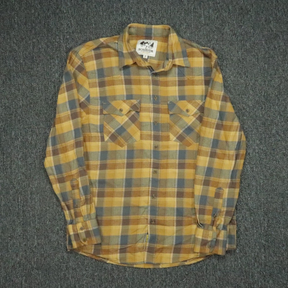 Schaefer Outfitter Shirt Mens Medium Yellow Plaid Flannel Long Sleeve Button